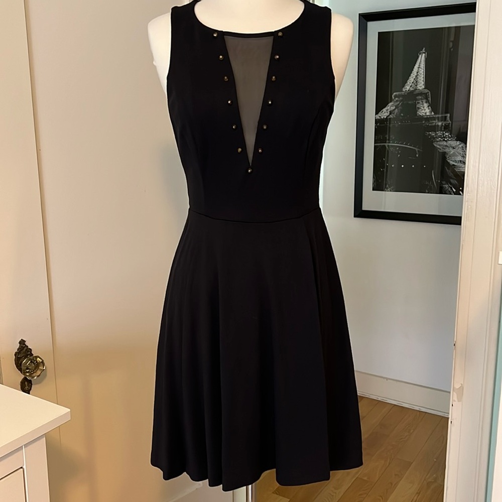 Express Studded Mesh front black Skater Dress (size S) Holiday Party